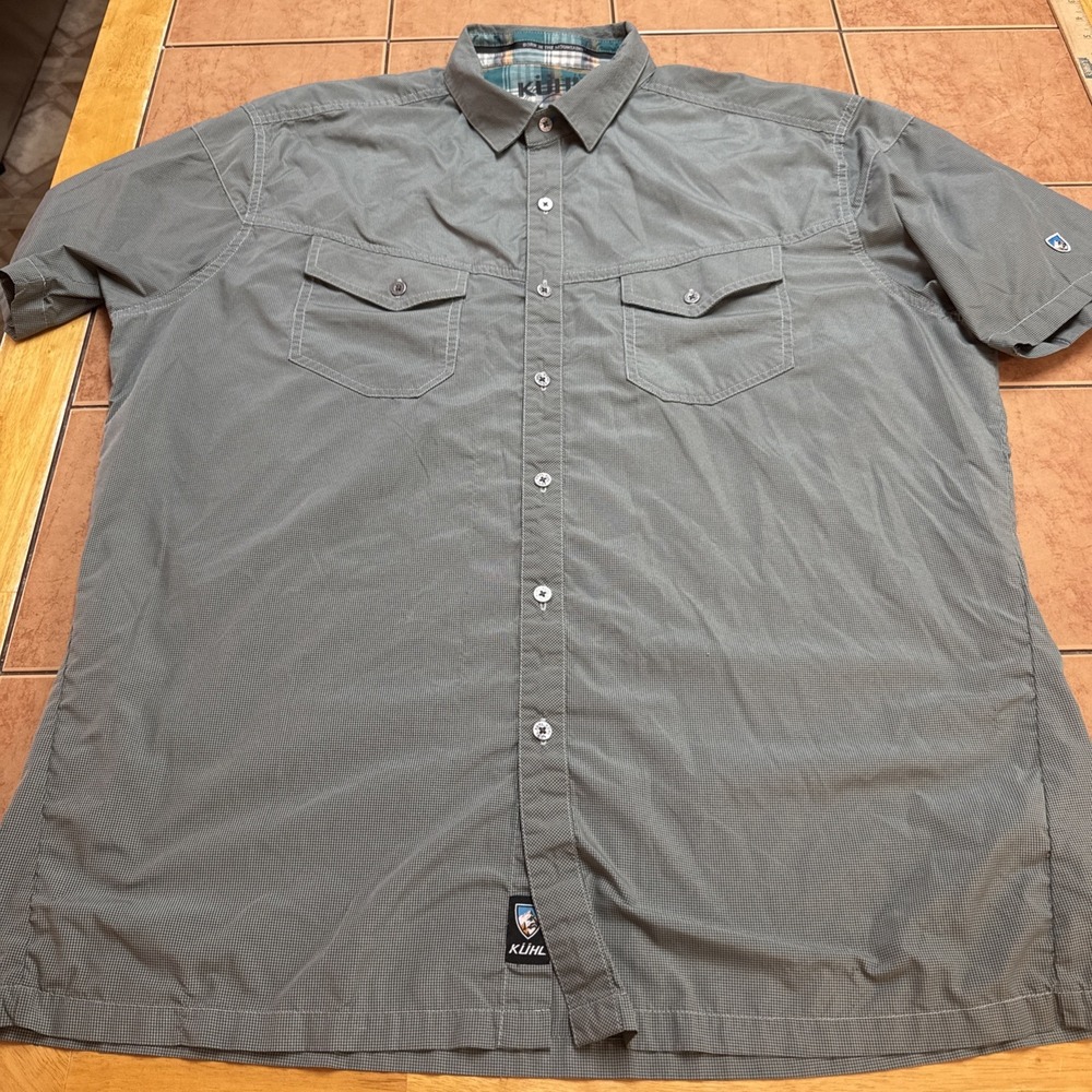 Kuhl Short Sleeve Button Up Eluxur Hiking Shirt Green Checks Plaid Mens Sz XL